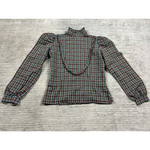 Vintage 80s Third Generation Plaid Blouse Juniors‎ 7 Tartan Ruffle High Neck
